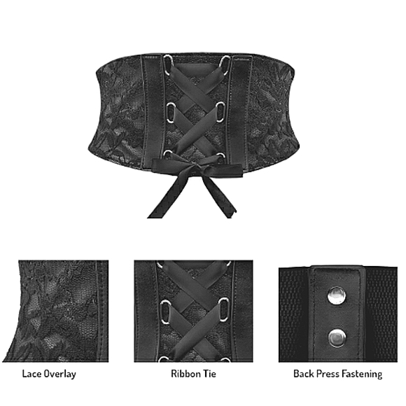 ASOS Black Floral Lace Satin Ribbon Button Closure Corset Wide Waist Belt 33" - Picture 16 of 16